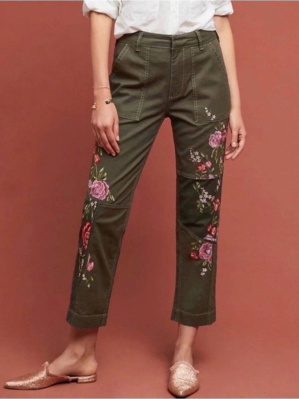 Anthropologie Olive Cropped Pants with Pink Floral Embroidery